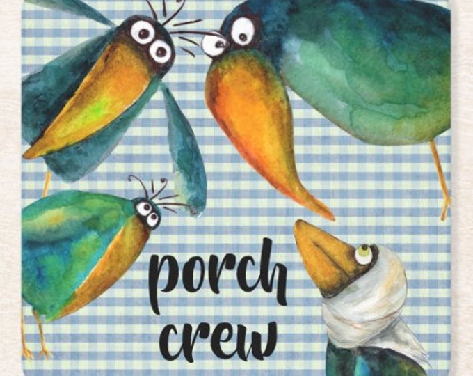 Porch Crew Coasters, Paper Coasters, Blue Gingham Check, Watercolor Crows, Porch Decor Idea,  Funny Party Coaster, Set of 6, , Summer Porch