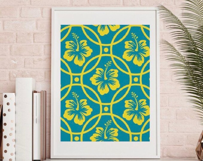 Tropical Hibiscus Print, Hibiscus Wall Art, Yellow and Blue, Tropical Floral Art, Tropical Wall Decor, Tropical Wall Art, Hibiscus Floral
