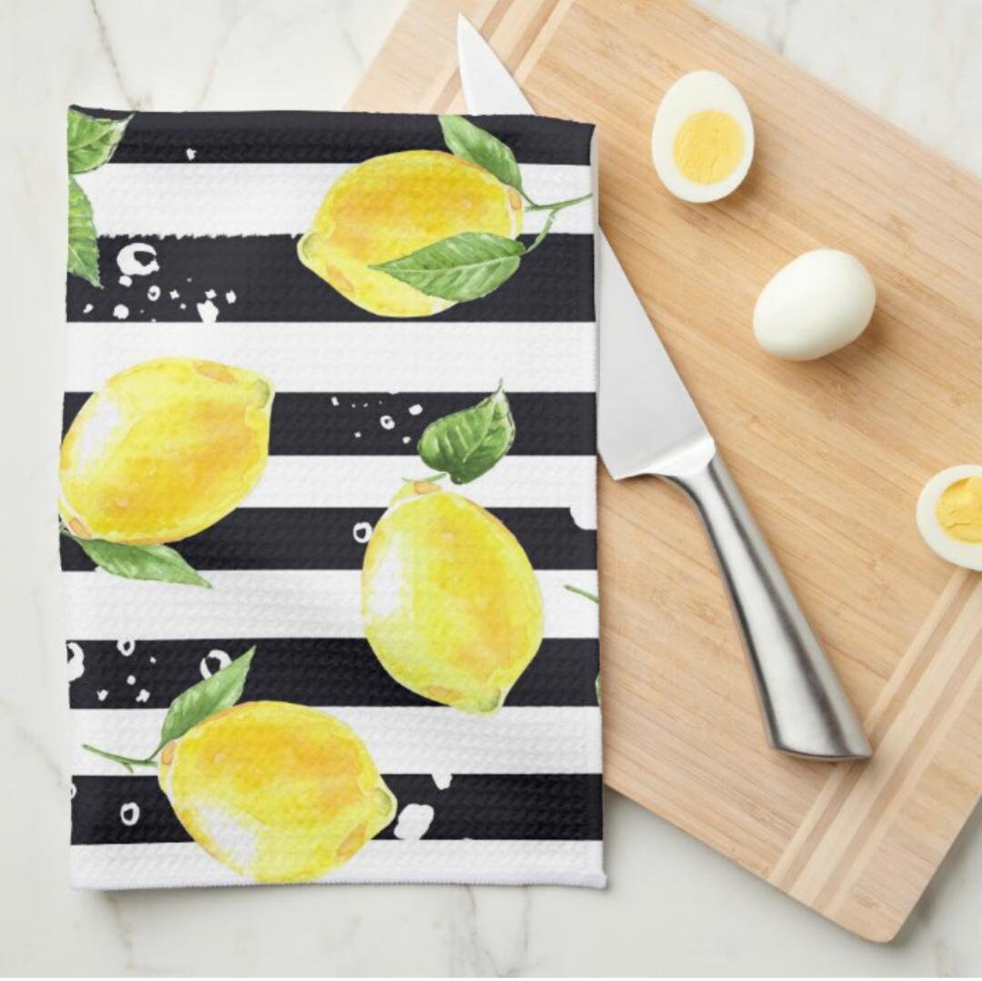 Lemon Kitchen Towel, Lemon and Stripe, Yellow Lemons with Black and
