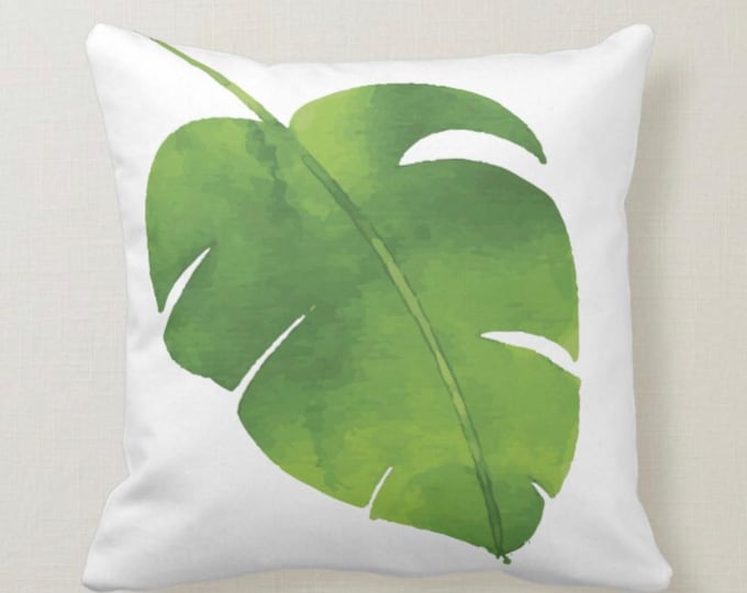 Throw Pillow, Watercolor, Green Tropical Leaf, White, Tropical  Summer Pillow