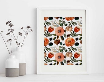 Orange Floral Wall Art, Orange and Peach Floral Print,  Earth Tones Flower Wall Decor