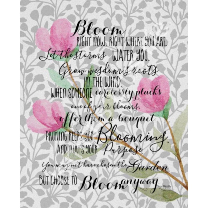 Bloom Anyway Quote Floral Pink and Grey Typography Art Print image 2