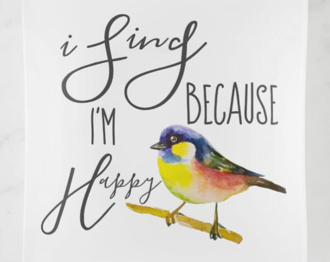 Glass Trinket Dish, Musical, Watercolor Bird "I Sing Because I'm Happy" Glass Trinket Tray