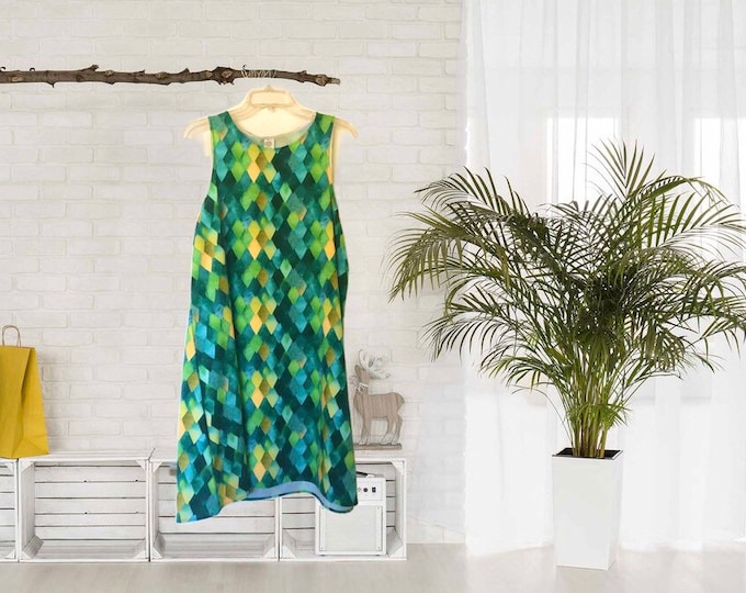 A-Line Dress, Green Watercolor, Dragon Scale Pattern, Sleeveless, Flattering on Any Figure,