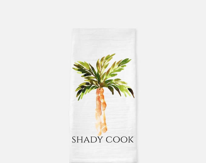 Palm Tree Tea Towel (Flour Sack) Shady Cook Tea Towel, Tropical Towel, Watercolor Palm Tree, Tropical Kitchen Accent, Funny Kitchen Gift