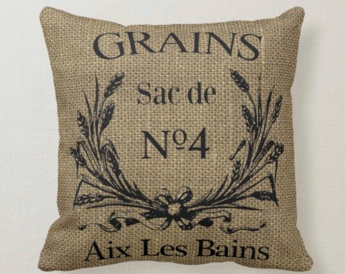 Rustic Pillow, French Grain Sack Design, Burlap Design, "Grains Sac de No 4 Aix Les Bains"