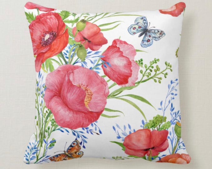 Throw Pillow, Watercolor Red Poppy, Butterfly, Floral Garden,