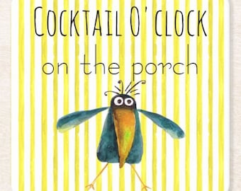 Porch Coasters, Paper Coasters "Cocktail O'Clock on the porch" Funny Cocktail Coasters, Watercolor Crow,  Porch Decor Idea, Set of 6