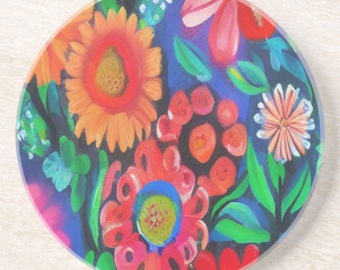 Folk Art Floral Sandstone Coaster, Coaster Friendship Gift, Floral Valentine's Day Gift