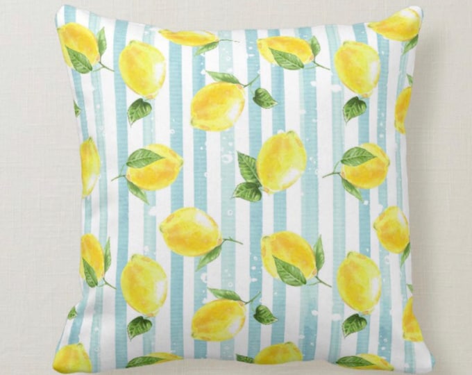 Throw Pillow, Yellow Lemon Pattern, Light Blue Stripe, Summer Lemon Pillow, Cottage Style, Lemons and Stripes