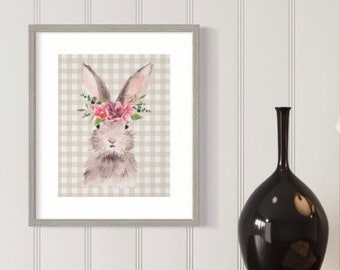 Rabbit Wall Art, Watercolor Floral Rabbit Print,  Easter Rabbit Wall Decor, Spring Wall Art, Watercolor Easter Rabbit, Rabbit Theme Decor