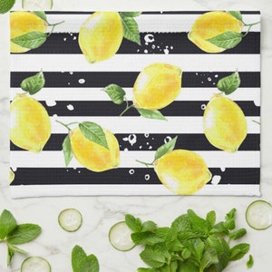 Lemon Kitchen Towel, Lemon and Stripe, Yellow Lemons with Black and White Stripe, Lemon Kitchen Decor, Durable Poly-Blend, 16 X 24 image 1