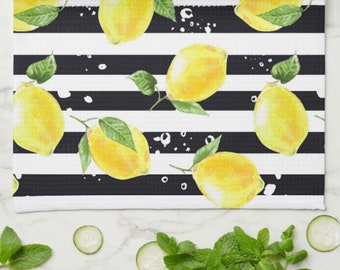 Lemon Kitchen Towel, Lemon and Stripe, Yellow Lemons with Black and White Stripe, Lemon Kitchen Decor, Durable Poly-Blend, 16 " X 24"