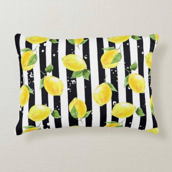 Lumbar Throw Pillow, Yellow Lemon Pattern, Black & White Striped, Zesty, Summer Pillow, Lemon and Stripe, Rectangle