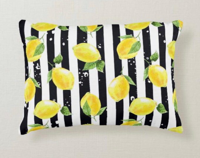 Lumbar Throw Pillow, Yellow Lemon Pattern, Black & White Striped, Zesty, Summer Pillow, Lemon and Stripe, Rectangle