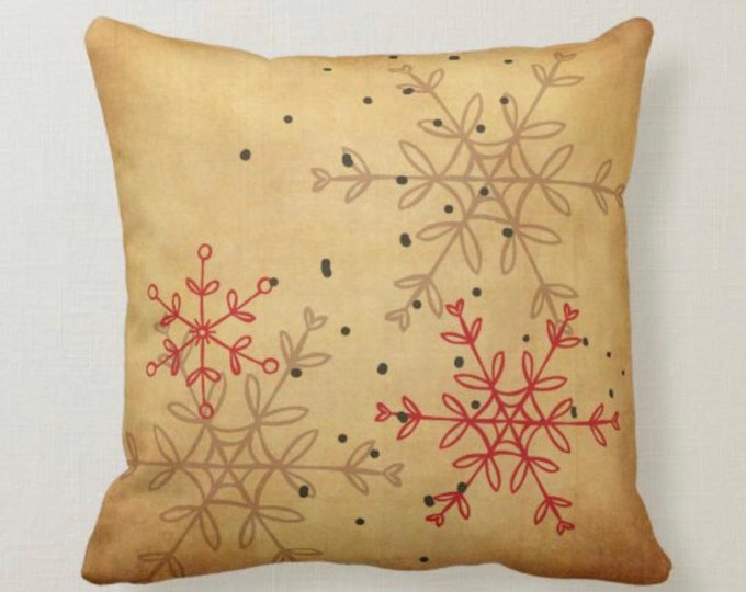 Retro Christmas Snowflake Pillow, Distressed Tan, Red, Black, Mid-Century Christmas Design, Mid-Century Christmas Decor