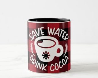Mug "Save Water Drink Cocoa" Buffalo Plaid Red Black, Christmas Cocoa Mug, Holiday Cocoa Mug, Stocking Stuffer Mug, Christmas Office Gift