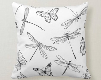 Pillow, Butterflies, Dragonflies, Pattern, Black & White, Throw Pillow