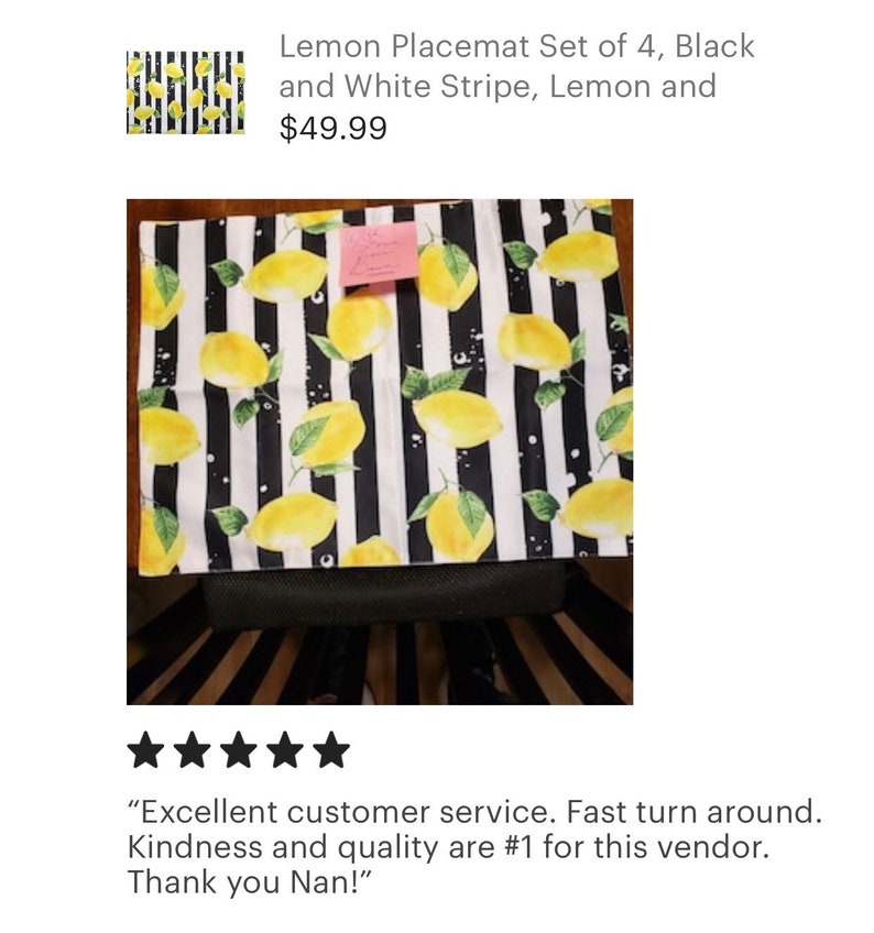 Lemon Placemat Set of 4, Black and White Stripe, Lemon and Stripe, Polyester Twill Placemats image 2