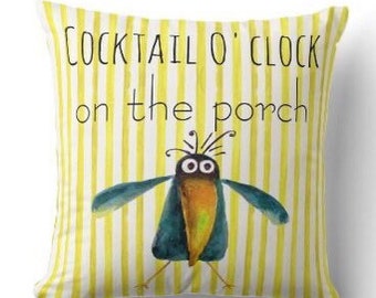 Funny Porch Pillow "Cocktail O'clock on the Porch" Yellow Striped Pillow, Watercolor Crow, Porch Decor Idea, Cover and Insert,  Summer Porch