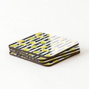 Coaster Set of 4, Zesty, Yellow Lemons, Black & White Stripe, Lemon and Stripe, Coaster Set image 3