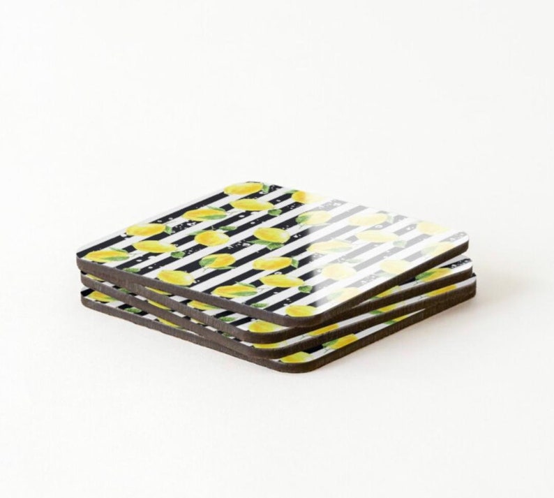 Coaster Set of 4, Zesty, Yellow Lemons, Black & White Stripe, Lemon and Stripe, Coaster Set image 3