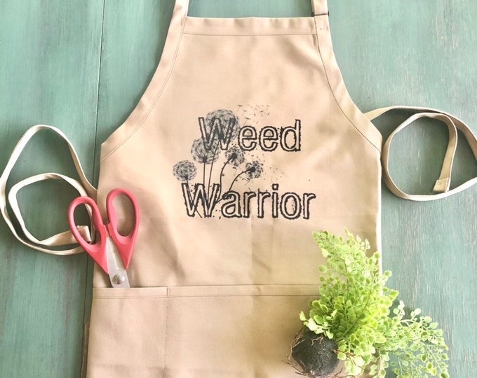 Funny Garden Apron "Weed Warrior" Three Pocket Garden Apron, Plant Lover Gift,  Gardener Gift, Dandelion Apron, Mother’s Day Gift