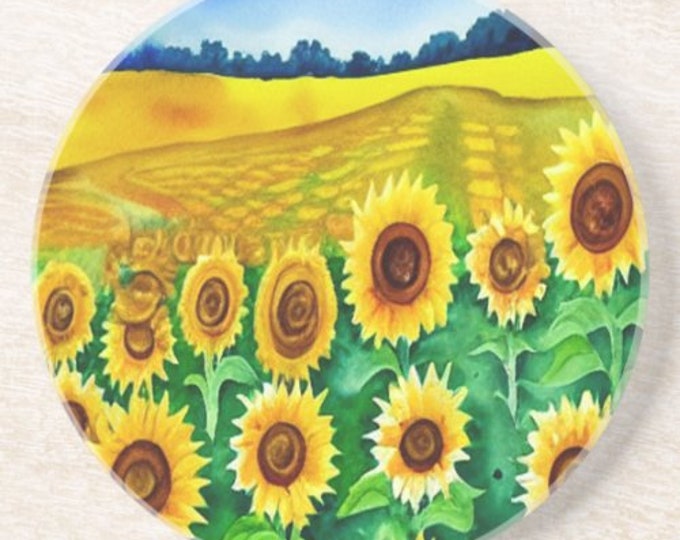 Sunflower Field Sandstone Coaster, Sunflower Friendship Gift, Sunflower Valentine's Day Gift
