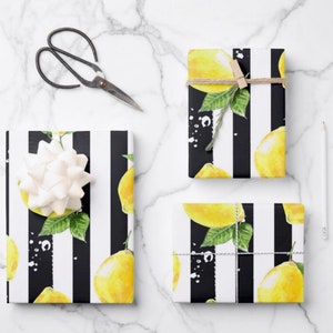 Lemons Wrapping Paper, Lemon and Stripe Pattern, Yellow Lemons with Black and White Stripe, Set of 3, Flat Pre-Cut Sheets image 1