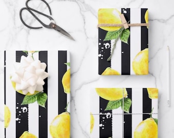 Lemons Wrapping Paper, Lemon and Stripe Pattern, Yellow Lemons with Black and White Stripe, Set of 3, Flat Pre-Cut Sheets