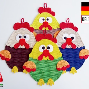 128DE Häkelanleitung Hahn Topflappen - Amigurumi PDF Zabelina Etsy