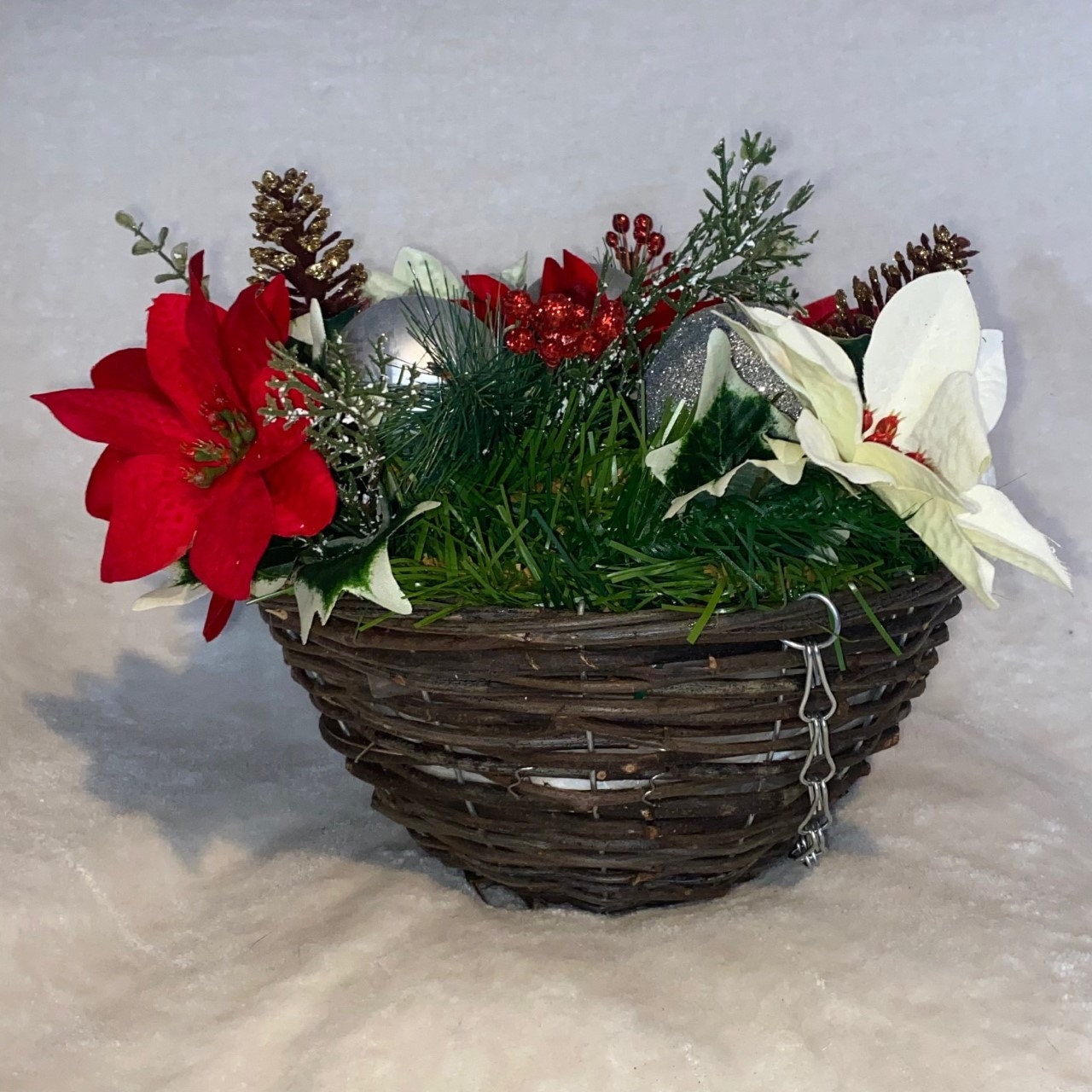CHRISTMAS deluxe HANGING BASKET with poinsettias baubles Etsy