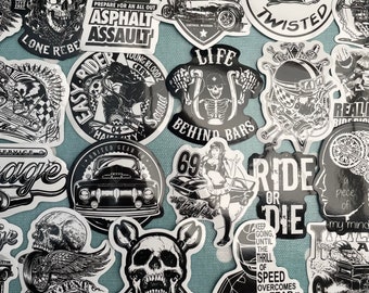 Black and white, Motor cycle, biker, Pin up girl vintage garage sign style retro stickers assorted pack of 50
