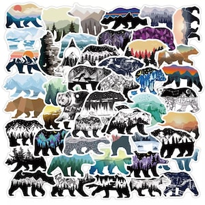 Confezione da 49 adesivi colorati per grandi spazi aperti dell'aurora boreale con orso grizzly