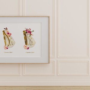 May include: A framed print with two gold harp illustrations, each adorned with pink and white floral arrangements. The text "September Sylphid" appears below each harp.