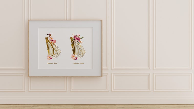 May include: A framed print with two gold harp illustrations, each adorned with pink and white floral arrangements. The text "September Sylphid" appears below each harp.