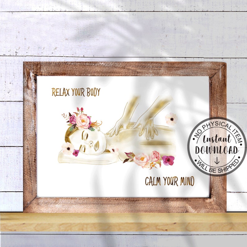 Pode incluir: Uma impress&atilde;o emoldurada com uma ilustra&ccedil;&atilde;o em aquarela de uma pessoa recebendo uma massagem, adornada com elementos florais. O texto "RELAX YOUR BODY" e "CALM YOUR MIND" &eacute; exibido. A impress&atilde;o est&aacute; em uma moldura de madeira.