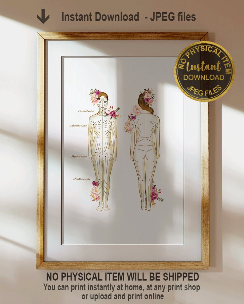May include: A printable chart showing the location of acupuncture points on the human body. The chart is illustrated with a female figure with floral accents. The text "No Physical Item Will Be Shipped" is at the bottom of the chart. The text "Instant Download - JPEG files" is at the top of the chart.
