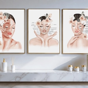 Set med 3 tryck för hudvårdspersonal, väggkonst för ansiktsanatomi, konst för ansiktsanatomi, dekor för medicinsk spa, väggdekor för injektionsmottagning, Botox-affisch