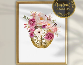 Puede incluir: Impresión digital imprimible con un cerebro anatómico dorado adornado con flores de acuarela rosa y púrpura. El texto "Descarga instantánea - Archivos JPEG" está en la parte superior de la imagen. El texto "NO SE ENVIARÁ NINGÚN ARTÍCULO FÍSICO" está en la parte inferior de la imagen. El texto "Puedes imprimir instantáneamente en casa, en cualquier tienda de impresión o subir y imprimir en línea" está debajo del texto "NO SE ENVIARÁ NINGÚN ARTÍCULO FÍSICO".