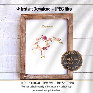 Pode incluir: Download digital imprim&iacute;vel de uma ilustra&ccedil;&atilde;o floral da estrutura qu&iacute;mica da dopamina. A ilustra&ccedil;&atilde;o apresenta flores rosa e brancas com detalhes dourados. O texto "Dopamine" est&aacute; escrito em dourado na parte superior da imagem. Os textos "HO", "OH" e "NH2" est&atilde;o escritos em dourado abaixo da ilustra&ccedil;&atilde;o floral.