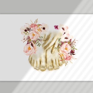 May include: A watercolor painting of two golden feet with pink and white flowers surrounding them.