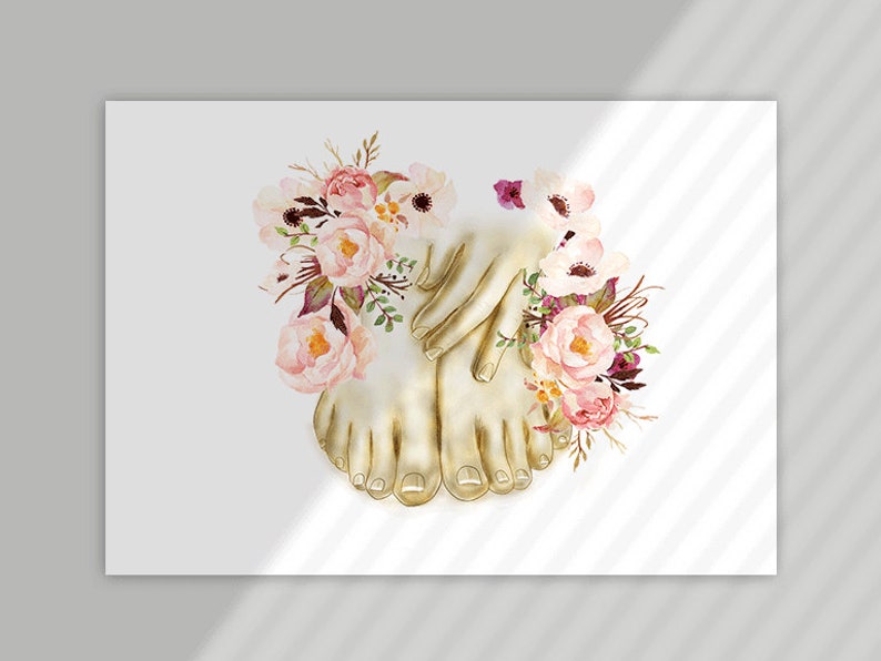 May include: A watercolor painting of two golden feet with pink and white flowers surrounding them.