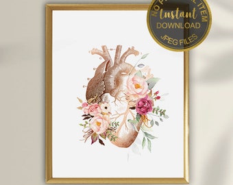 Floral anatomische hart Art Print, medische hart anatomie kunst aan de muur, cardiologie kantoor decor, dokter cadeau, afdrukbare medische kunst