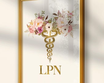 Arte mural con caduceo de enfermera práctica: regalo de LPN para graduación, decoración de oficina y regalo de agradecimiento a enfermeras.