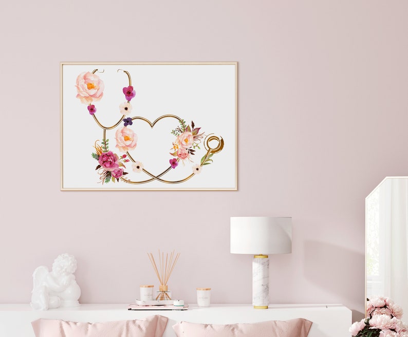 May include: A gold stethoscope with a heart shape formed by the tubing, decorated with pink, white, and purple watercolor flowers.