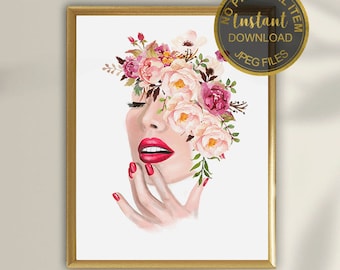 Nail Salon Poster, Floral Woman Beauty Art, Nail Studio Decor, Nail Tech Gift, Beauty Salon Wall Art, Feminine Printable