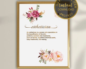 Esthetician Definition Print | Beauty Salon & Spa Wall Art, Esthetician Gift Poster, Skincare Professional Printable