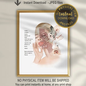 Facial Muscles Anatomy, Face Anatomy Art, Massage Therapist Art, Esthetician Art, Muscles of the Face, Aesthetician Clinic Decor, Printable