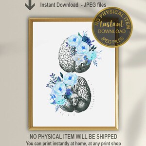 May include: A printable digital art print featuring a detailed anatomical illustration of the human brain with blue and purple watercolour flowers.